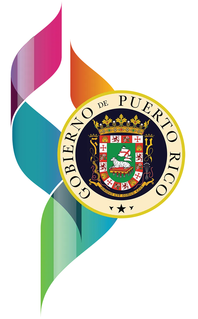 Logo Gobierno de Puerto Rico, un escudo aparece un cordero sobre un libro y una corona.